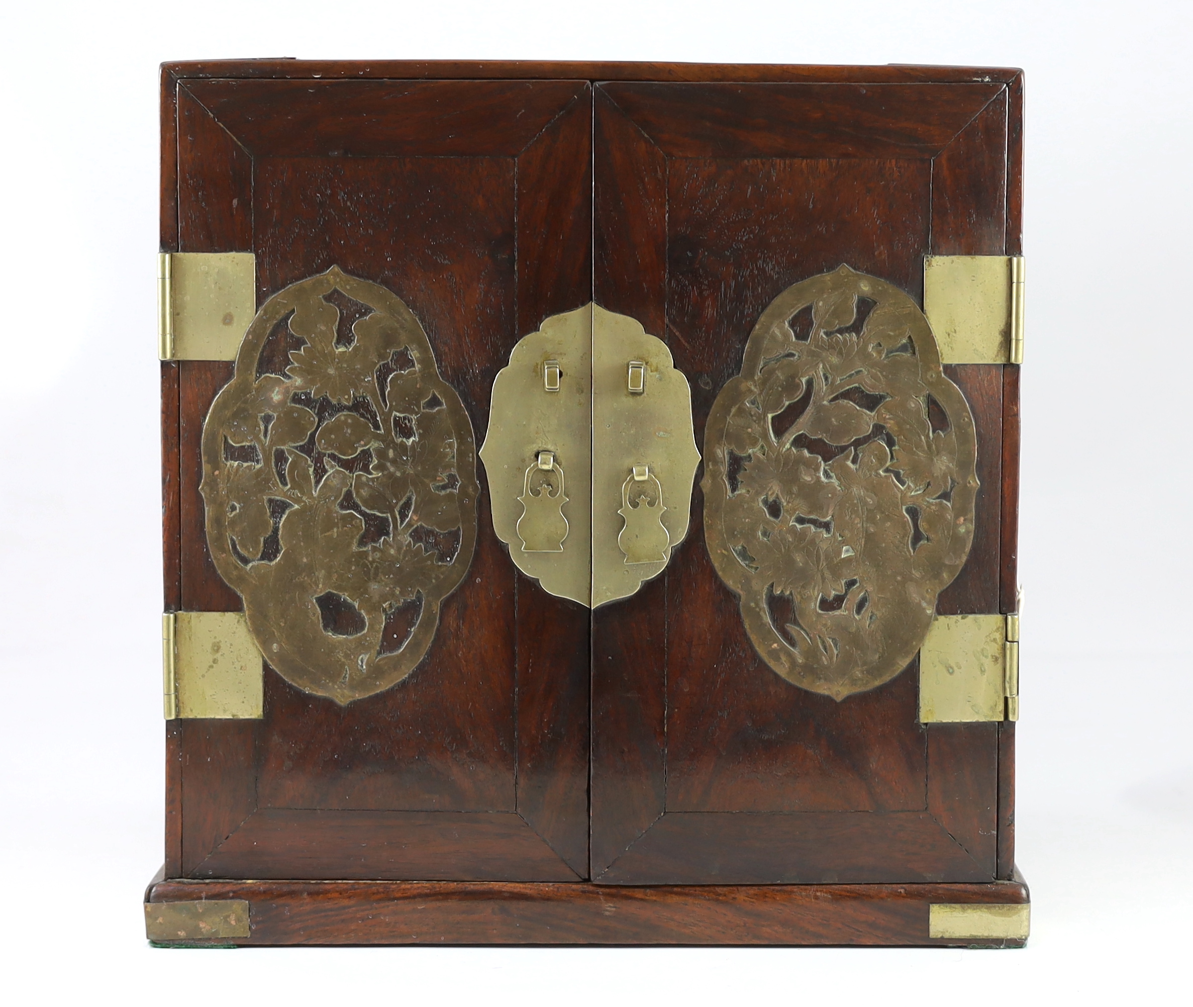 A Chinese brass mounted huanghuali and hardwood seal cabinet, Qing dynasty